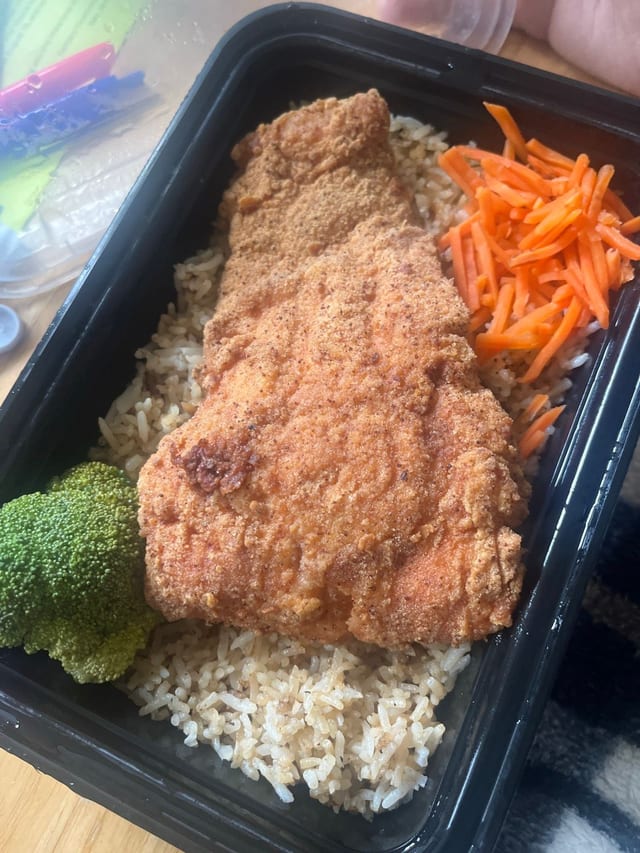 Fried Salmon Over Rice.
